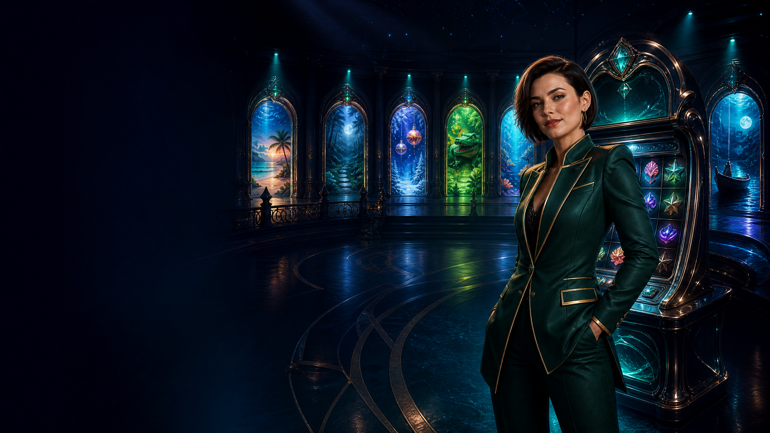 A fictional game host in an aurora-lit virtual game hall